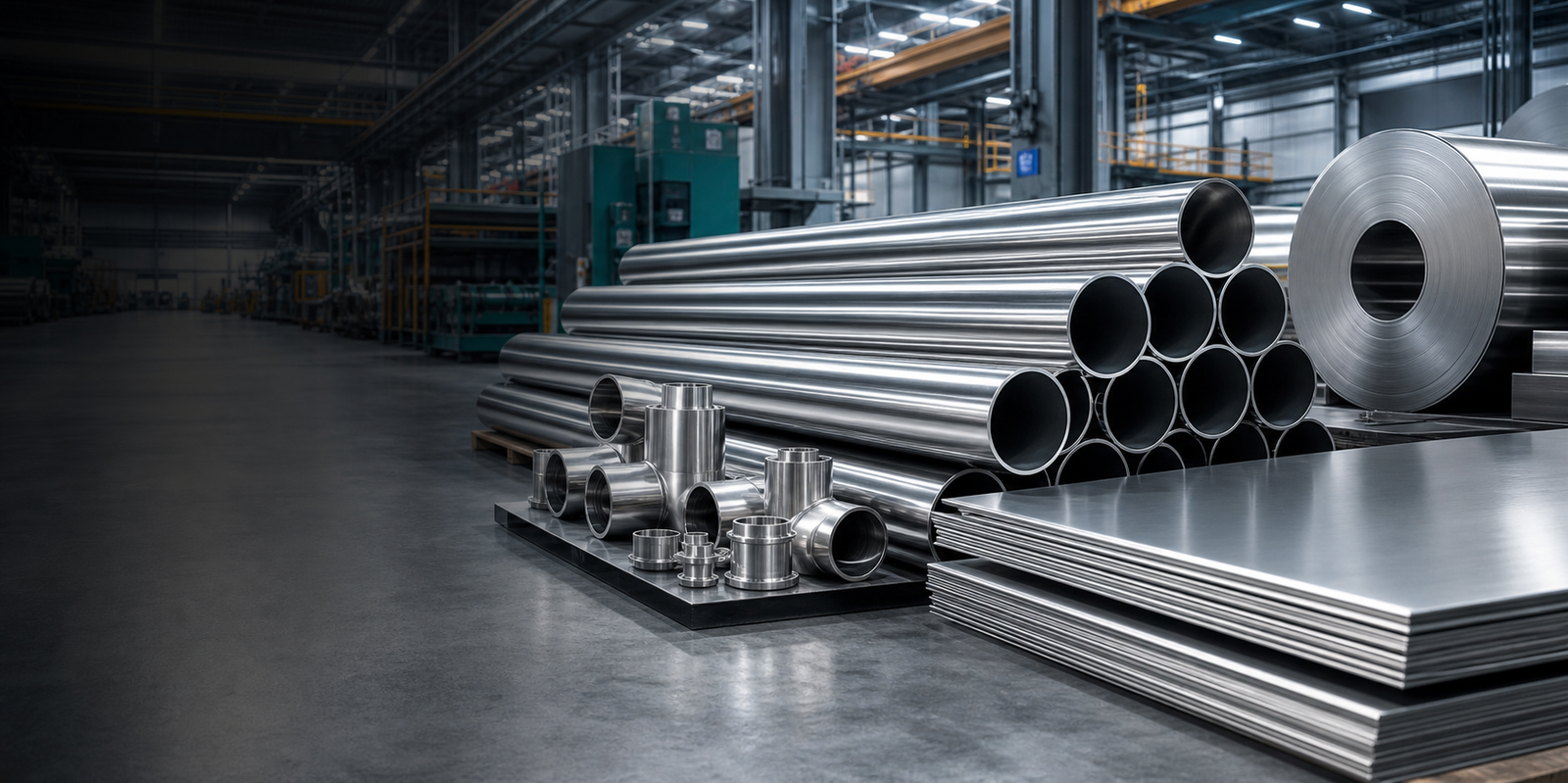 Stainless steel pipes and sheets in a modern industrial warehouse
